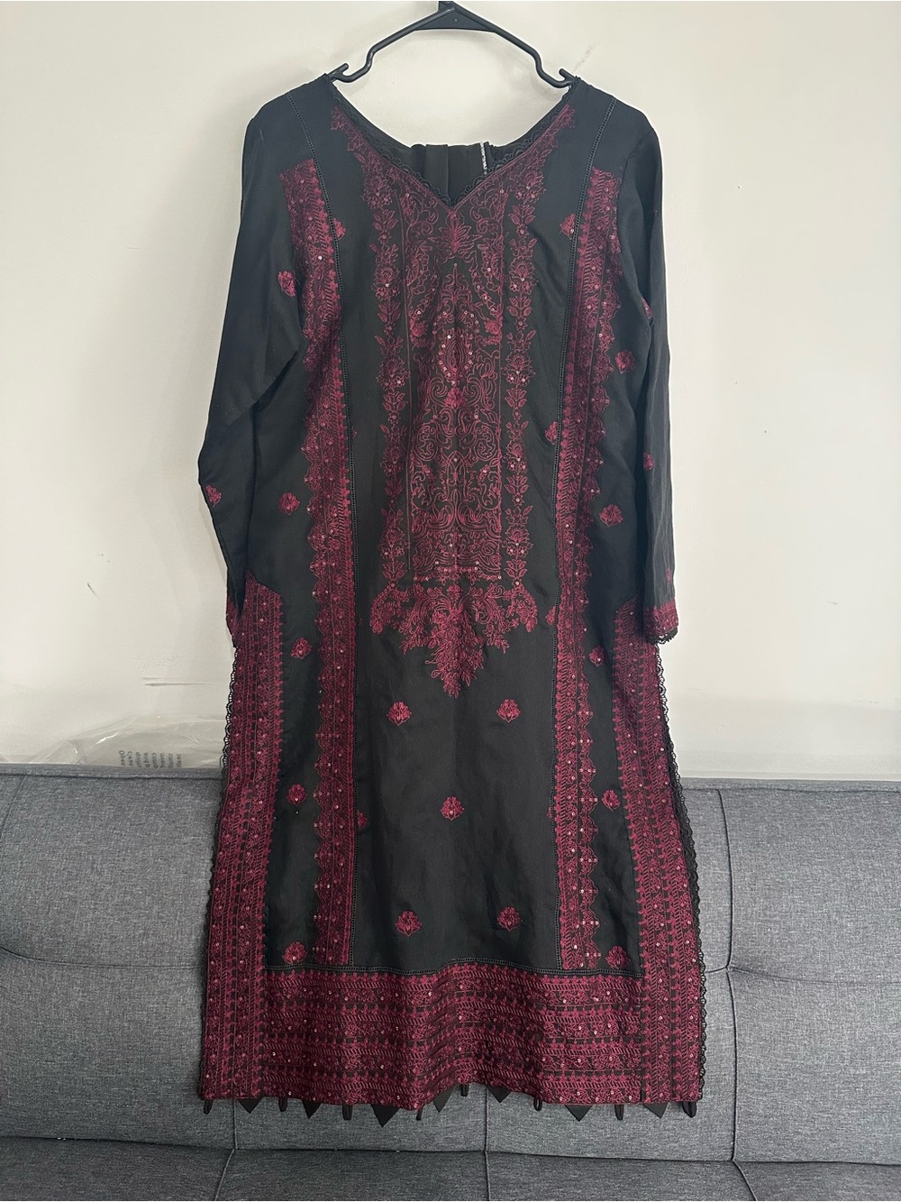 Black Long Sleeve Dress with Burgundy Embroidery - Women